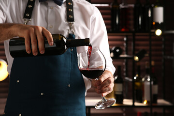 Bartender pouring red wine into glass indoors, closeup. Space for text