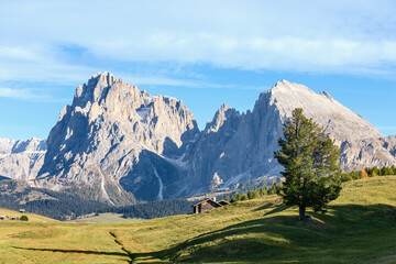 View of Sassolungo and Sassopiatto mountains  in Seiser Alm high plateau