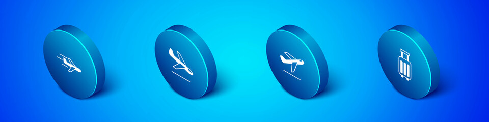 Set Isometric Plane, takeoff, Suitcase and landing icon. Vector