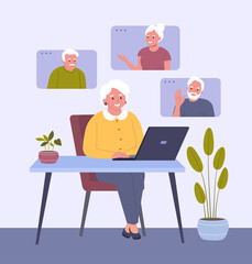 Elderly woman chatting with elderly friends. Video conference.  Vector flat style cartoon illustration