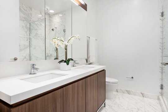 Modern Luxury Bathroom with Sleek Wood Vanity and Double Sinks