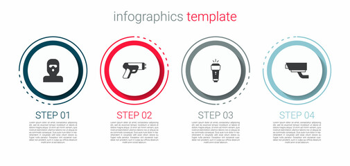 Set Thief mask, Police electric shocker, Flashlight and Security camera. Business infographic template. Vector