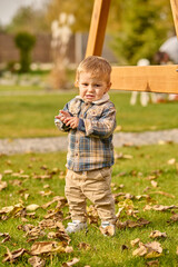 Little boy standing on lawn looking at camera