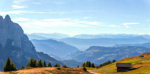 Beautiful panoramic view of Val Gardena, Seiser Alm (Alpe di Siusi) South Tyrol, Italy
