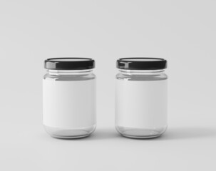 Bottled jam on a white background, glass bottle with label