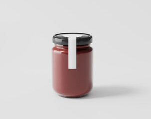 Bottled jam on a white background, glass bottle with label