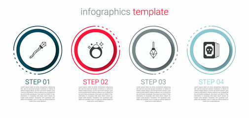 Set Magic staff, stone ring, and Tarot cards. Business infographic template. Vector