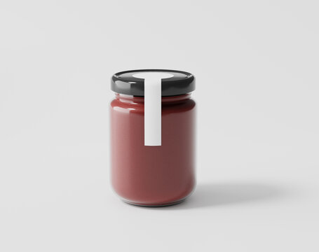 Bottled jam on a white background, glass bottle with label