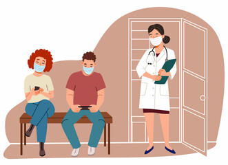 The doctor calls the patient to the office. An appointment with a therapist. masked people of different ages waiting in line. Vector illustration in a flat style.