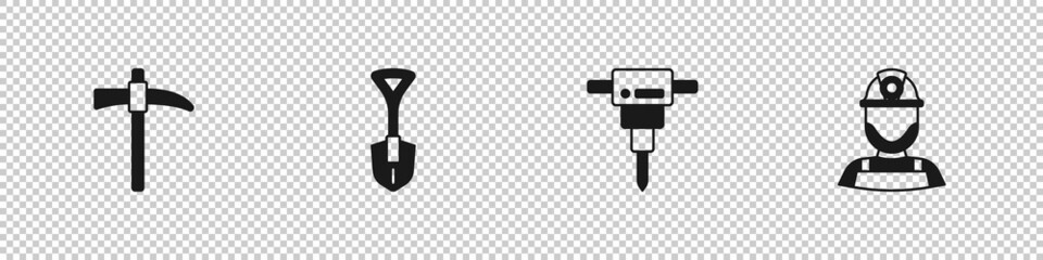 Set Pickaxe, Shovel, Construction jackhammer and Miner in helmet icon. Vector