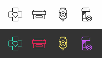 Set line Heart with a cross, Ointment cream tube medicine, IV bag and Medicine bottle on black and white. Vector