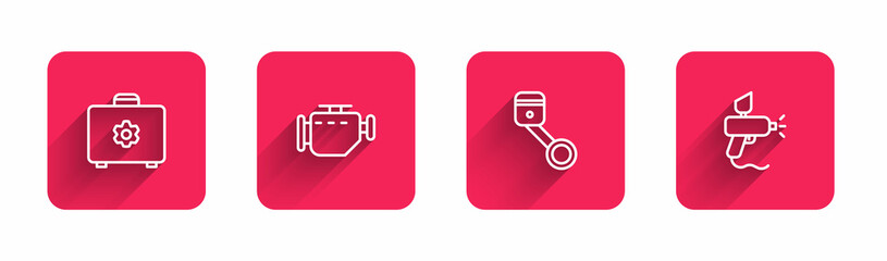 Set line Toolbox, Check engine, Engine piston and Paint spray gun with long shadow. Red square button. Vector