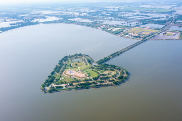 Aerial top view of Heart shaped island (The Holy Heart Land Talayluang) at daytime in Thung...