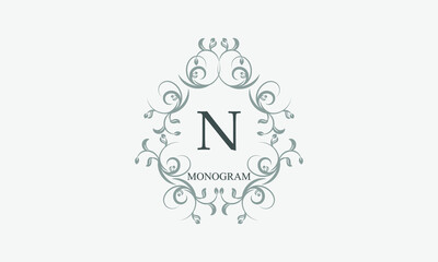Decorative monogram with the initials N. Logo template with exquisite elements and floral ornaments for restaurants, clubs, boutiques, cafes, hotel cards. Business style and brand of the company.
