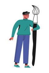 Cartoon illustration of boy or man holding large paint brush. Сreative artist or designer at work. Concept of writing or drawing. Сopywriter, blogger, freelancer. Flat vector cute character.Isolated.