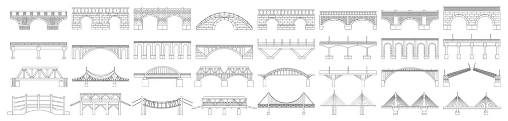 Bridge vector illustration on white background. Vector outline set icon river construction. Isolated outline set icon bridge. - obrazy, fototapety, plakaty