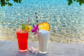 two tropical cocktails in front of turquoise water