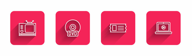 Set line Retro tv, CD or DVD disk, Cinema ticket and Online play video with long shadow. Red square button. Vector