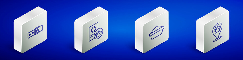 Set Isometric line Collar with name tag, Clinical record pet, Pet food bowl and Location veterinary icon. Vector