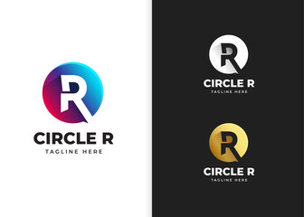 Elegant letter R logo vector with circle shape colorful and golden color luxury design