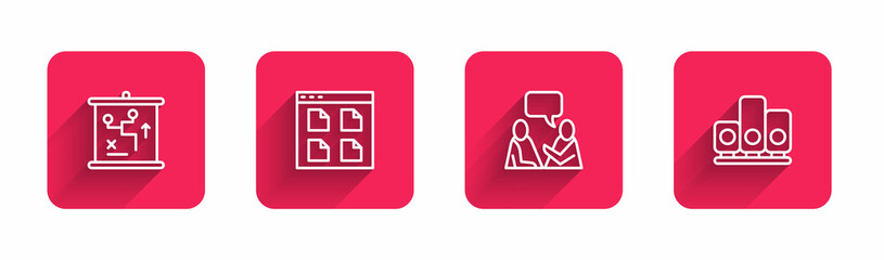 Set line Planning strategy concept, Browser files, Two sitting men talking and Ranking star with long shadow. Red square button. Vector