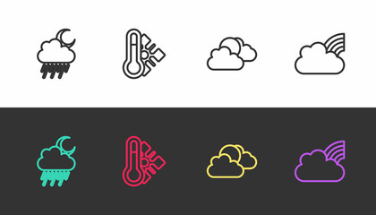 Set line Cloud with rain and moon, Meteorology thermometer, Sun cloud weather and Rainbow clouds on black and white. Vector