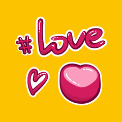 Cute mini set for valentine's day. Stickers for postcards, notebooks, textiles, t-shirts, mugs. Marmela, heart, hashtag, word love.
