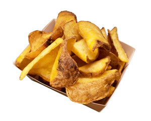 french fries with peel in cardboard container isolated white background