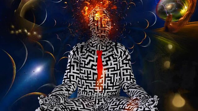 Surrealism. Figure of man with maze pattern in lotus pose in flames. Men with wings represents angels