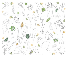 Fototapeta na wymiar Collection. Silhouettes of the figure of a girl and a leaf of a plant in a modern one-line style. Solid line, aesthetic outline for home decor, posters, stickers, logo. Vector illustration set.