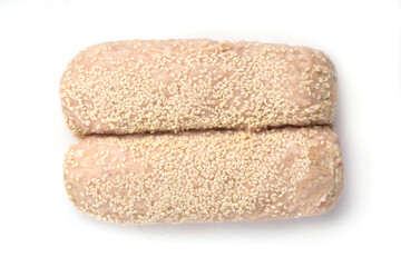 raw breaded cutlets on white background