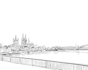 Cologne Cathedral. The Hohenzollern Bridge. Germany. Hand drawn sketch. Vector illustration. 