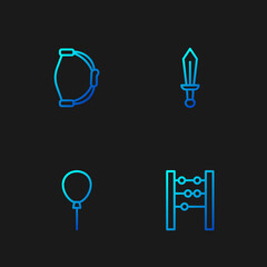 Set line Abacus, Balloons with ribbon, Bow toy and Sword. Gradient color icons. Vector