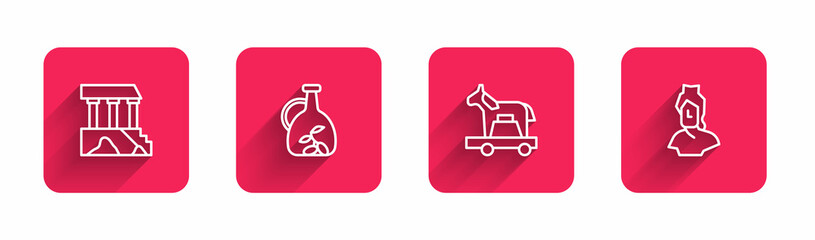 Set line Parthenon, Bottle of olive oil, Trojan horse and Ancient bust sculpture with long shadow. Red square button. Vector
