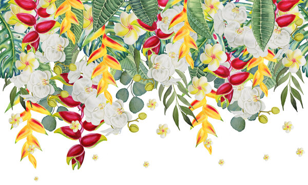 Watercolor illustration of tropical leaves and exotic flowers. Hand drawn tropical background. Seamless border for cards and wedding design. Wallpapers and invitations. Jungle foliage pattern	