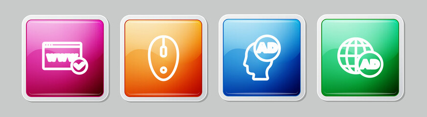 Set line Website template, Computer mouse, Advertising and . Colorful square button. Vector