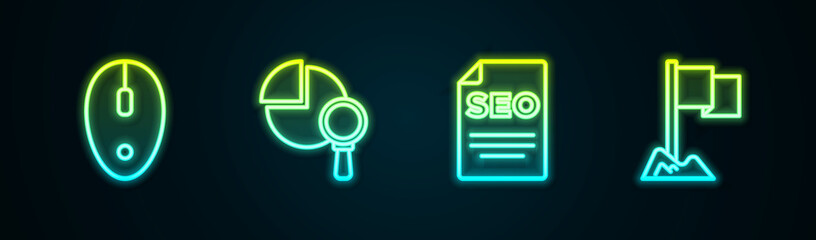 Set line Computer mouse, Magnifying glass and analysis, SEO optimization and Location marker. Glowing neon icon. Vector