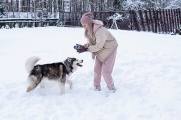 Young woman playing with siberian husky dog in the snow on winter day, training and walking her pet dog. Friendship, lovely dog, best pet, dog for a walk with his owner