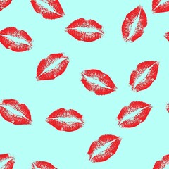 
Kiss, red lips seamless blue background, trendy texture.