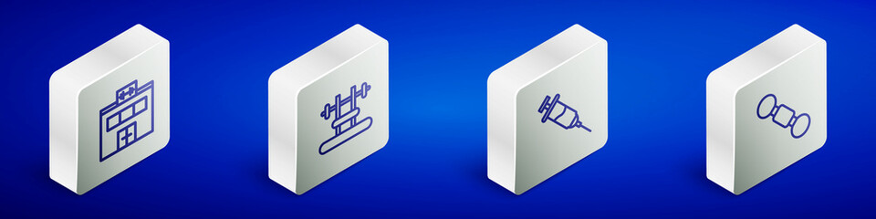 Set Isometric line Gym building, Bench with barbel, Doping syringe and Dumbbell icon. Vector