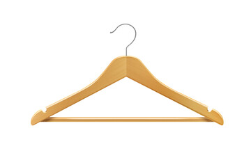 Empty wooden hanger isolated on a white background. Potential copy space above and inside clothes hangers. Coat hanger close up.