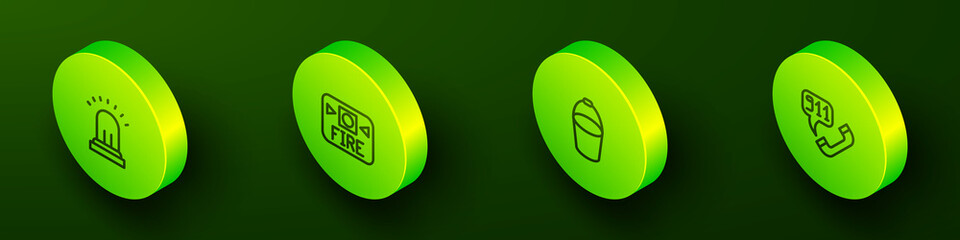 Set Isometric line Ringing alarm bell, Fire system, bucket and Telephone call 911 icon. Vector
