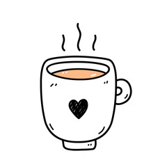 Cute cup of hot coffee isolated on white background. Vector hand-drawn illustration in doodle style. Perfect for cards, menu, logo, decorations.