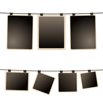 Blank photos hanging on a wire rope and clothesline with metallic clip. Art gallery retro photo frames set in different size. Card frame image mockup, design template. Jpeg