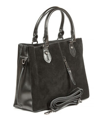 Naklejka premium Classic fashion black leather women's bag on a white background