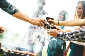 People having fun cheering at pic nic winetasting - Life style concept with young friends enjoying...