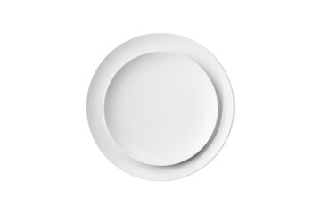 Two white plates of different sizes isolated on white background. Top view. Set of round plates one in one