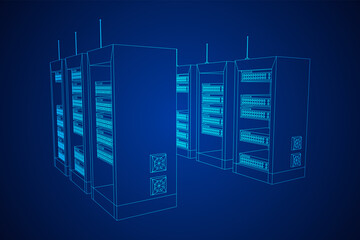 Data network server in cabinet. Diagnostic test in computer room technology communication computers and device concept. Wireframe low poly mesh vector illustration.