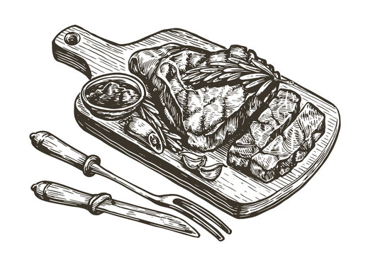 Steak Barbecue Drawing. BBQ Meat Hand Drawn Sketch Vector Illustration