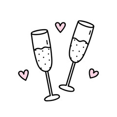 Two glasses with champagne isolated on white background. Celebration toast. Vector hand-drawn illustration in doodle style. Perfect for Valentine's Day designs, cards, invitations, decorations.